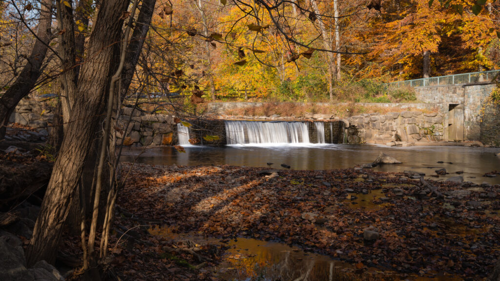 Gentle waterfall flows into calm river with rocky shore autumn leaves vibrant fall forest trees Wallpaper