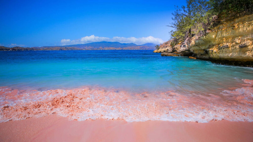 Tranquil Beach Paradise Wallpaper: Pink Sand & Blue Waters Background