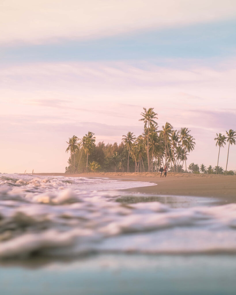 Tranquil Beach Scene: Soft Waves & Palm Trees Under Pastel Sky Wallpaper