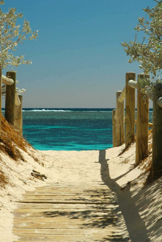 Tranquil Beach Pathway Wallpaper: Sandy Dunes & Turquoise Ocean