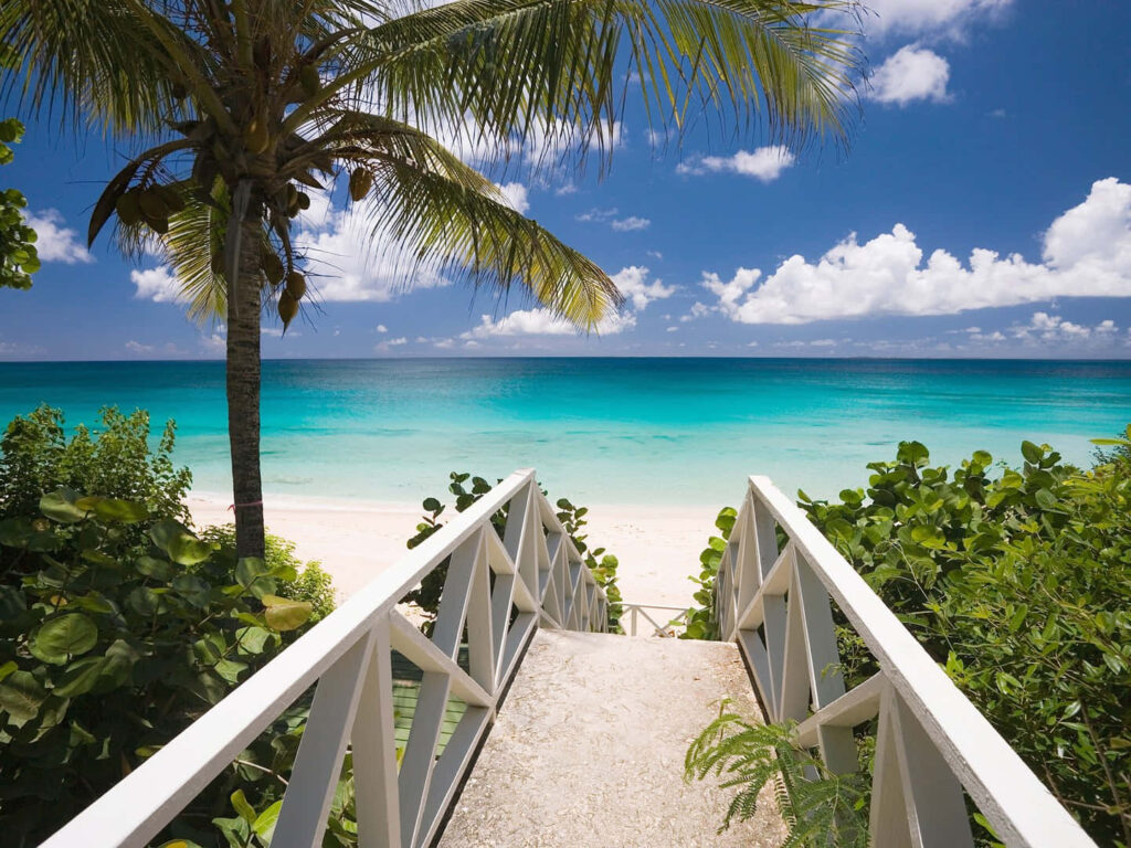 Breathtaking Tranquil Beach Wallpaper with Turquoise Waters & Greenery