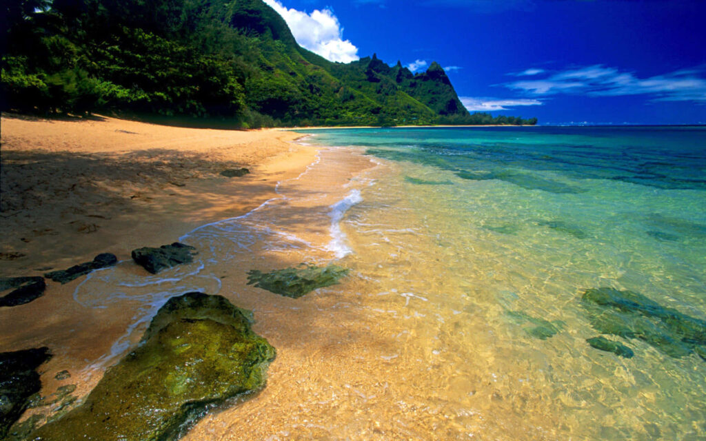 Tranquil Beach Wallpaper with Turquoise Waters & Lush Green Hills
