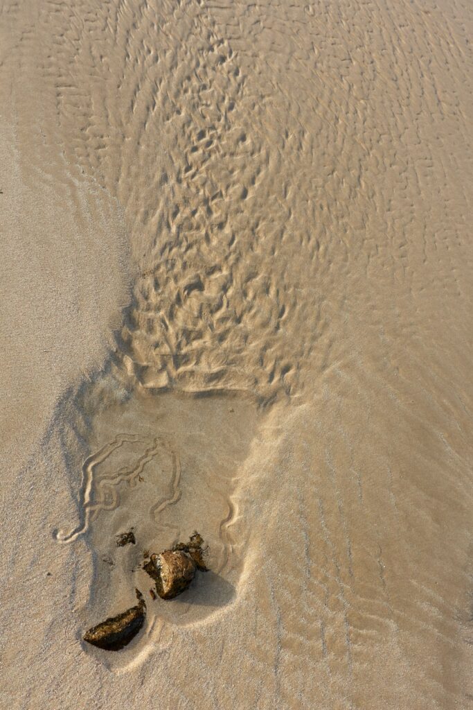 Tranquil beach wallpaper with golden sand gentle water ripples and a small stone centerpiece