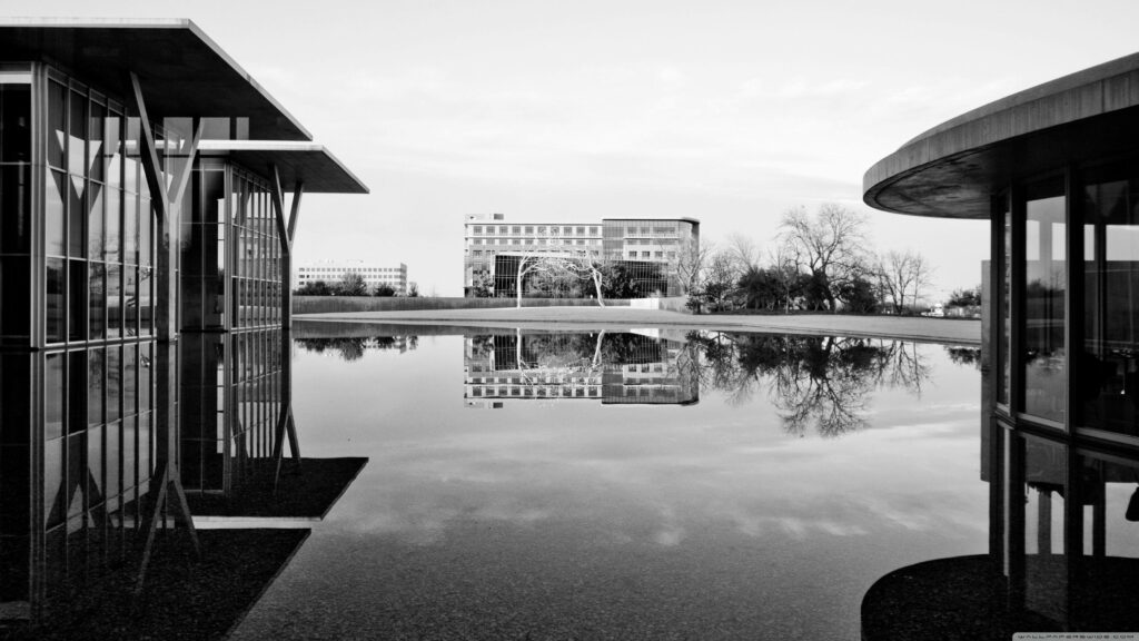 Tranquil Black and White Architectural Wallpaper Reflection Background