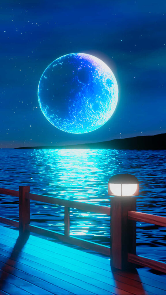 Tranquil Blue Moon Reflection Over Calm Waters - Serene Wallpaper