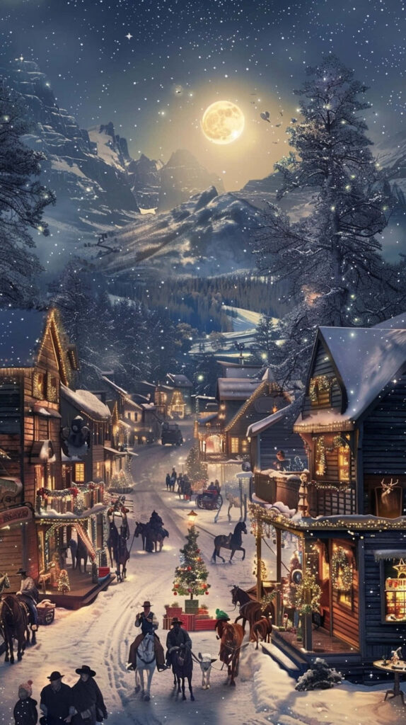 Tranquil Christmas Village Wallpaper: Moonlit Snowy Scene Background