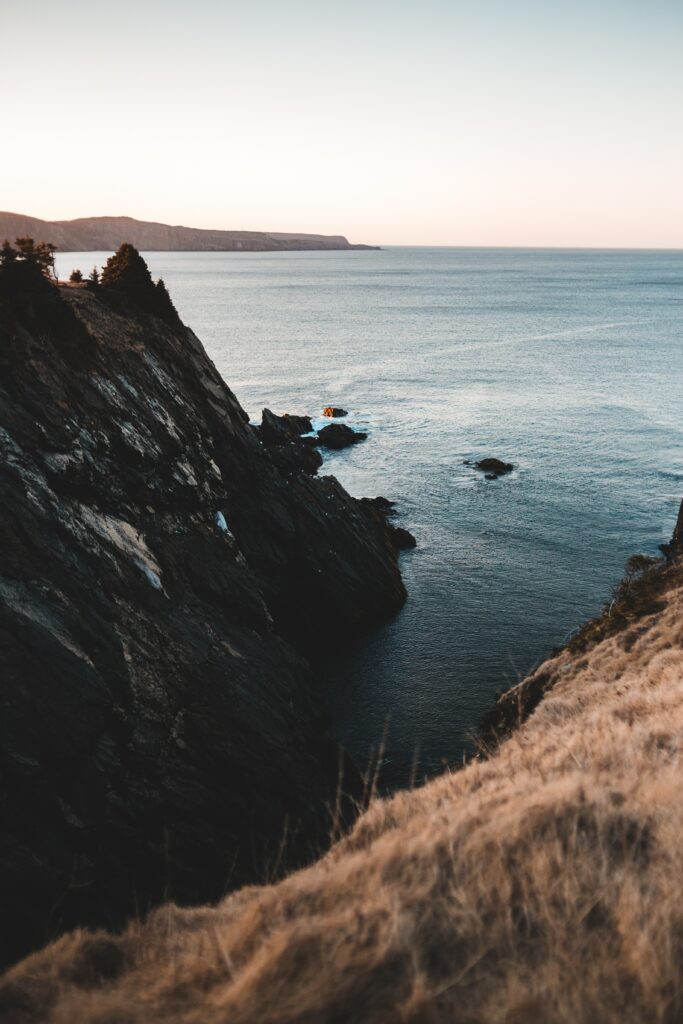 Rugged coastal cliffs with golden grasses and calm sea under a pastel sky wallpaper background