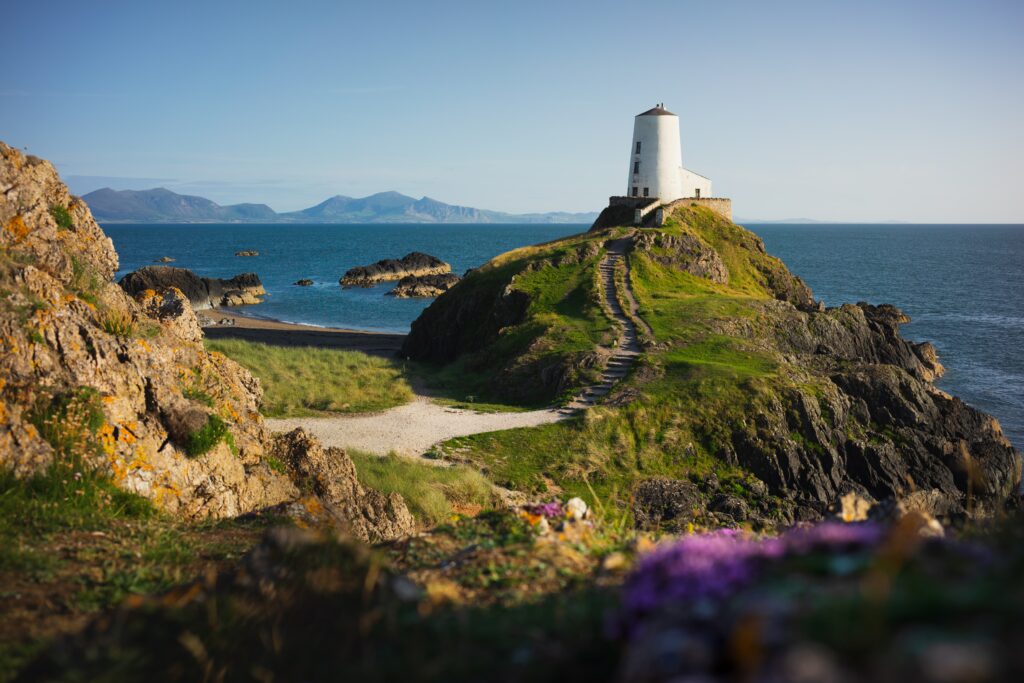 Solitary white lighthouse on grassy hill with winding stone path by rugged cliffs and blue sea Wallpaper