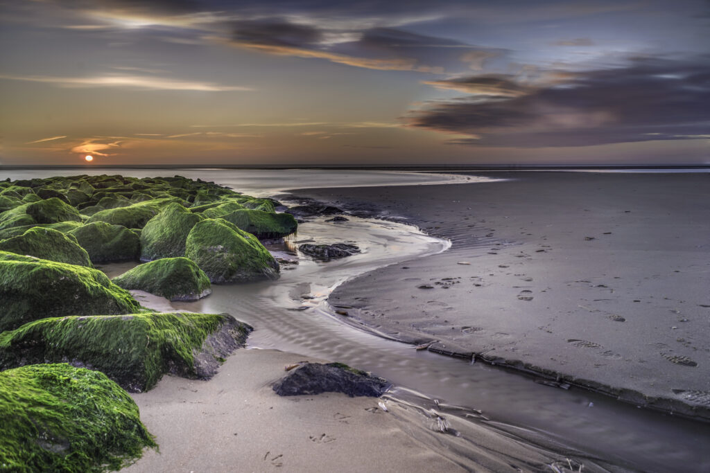 Tranquil coastal sunset wallpaper with sandy beach mossy rocks tidal stream and colorful sky