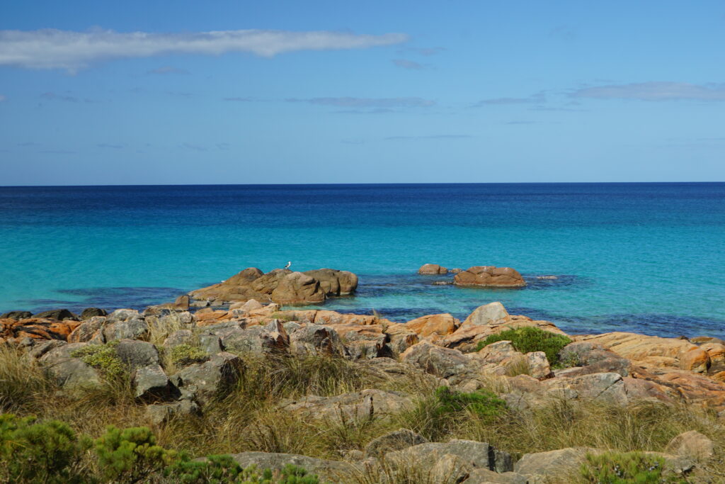 Coastal wallpaper with rugged stones turquoise waters calm sea and bright blue sky background