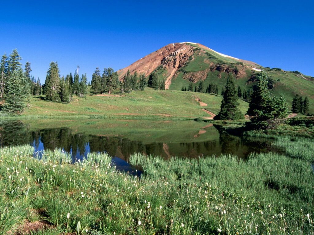 Tranquil Colorado lake reflecting green grass trees and Alps-style mountains under blue sky Wallpaper