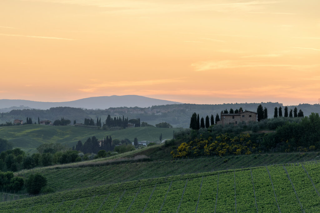 Tranquil countryside at sunset with rolling green fields rustic hilltop building serene nature view Wallpaper