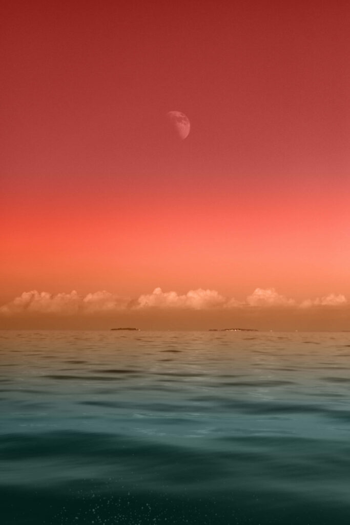 Tranquil Sea and Red Sky Gradient Wallpaper Background with Moon