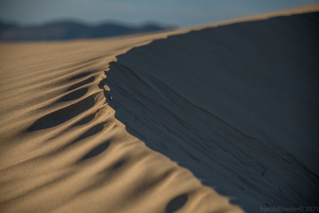 Desert dunes with smooth sand textures and deep shadows under soft sunlight minimalist wallpaper
