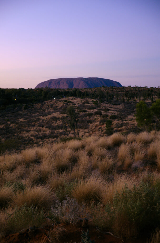 Serene dusk valley with golden grass rugged rocks and distant mesa under purple pink skies wallpaper