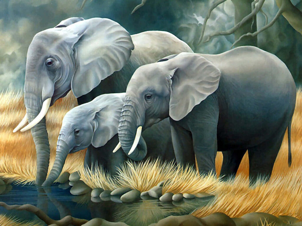 Tranquil Elephants at Watering Hole - Nature Wallpaper Background