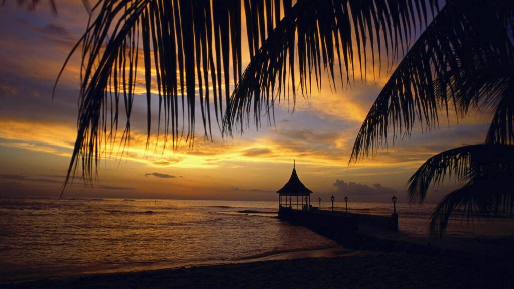 Sunset over calm sea with serene pier elegant arbor and palm trees under warm golden sky Wallpaper