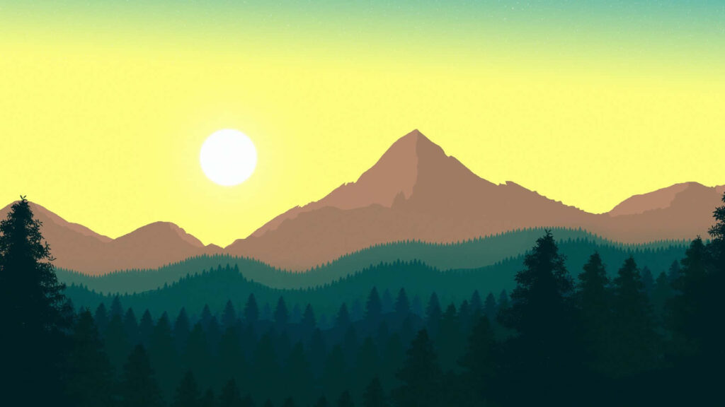 Tranquil Forest Wallpaper: Serene Silhouettes & Mountain Sunset Background