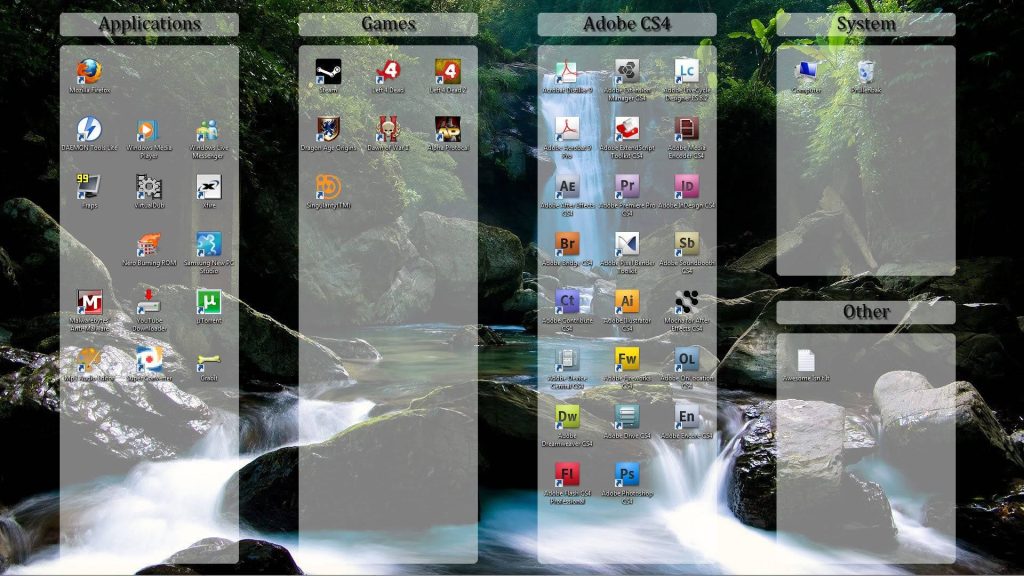 Tranquil forest waterfall desktop organizer wallpaper with translucent sections for apps and games