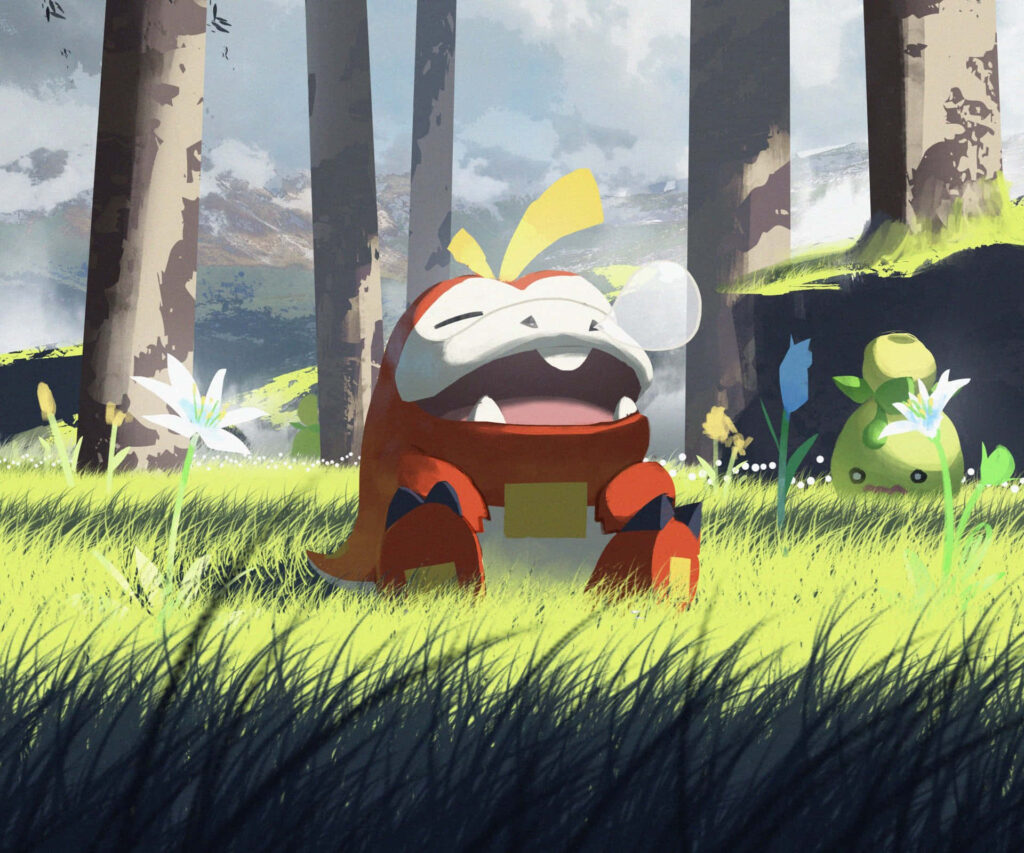 Tranquil Fuecoco on Green Grass with White Flowers - Pokémon Wallpaper