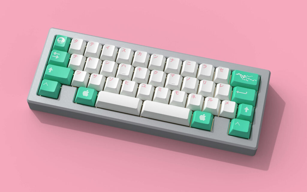 Serene Japanese Keyboard: White and Mint Keys Arrayed on a Soothing Baby Pink Background Wallpaper