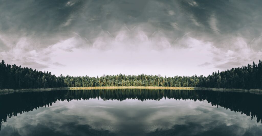 Serene lake with dense trees mirrored in calm water under dramatic cloudy sky wallpaper background