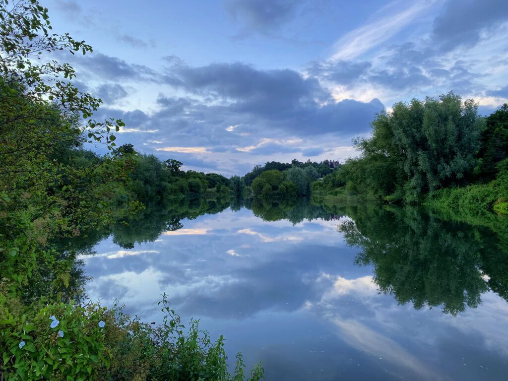 Tranquil lake reflecting lush green trees and soft cloudy sky peaceful nature wallpaper