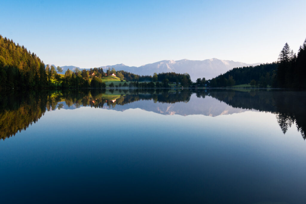 Serene lake reflecting lush spruce trees clear blue sky and distant mountains tranquil nature wallpaper