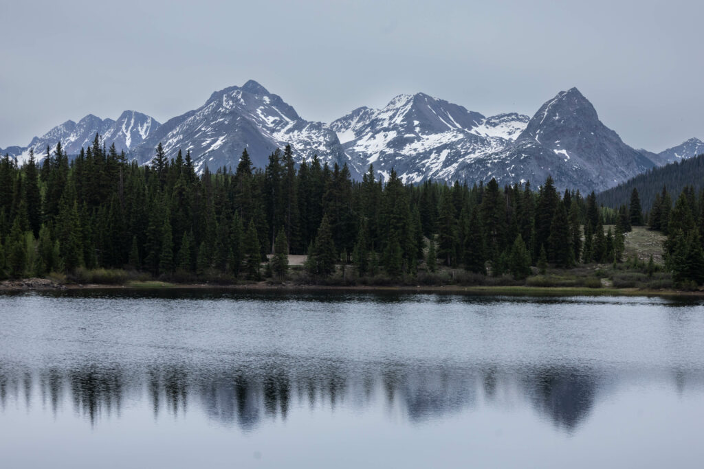 Tranquil lake reflecting dense forest and snow-capped mountains under soft overcast sky wallpaper