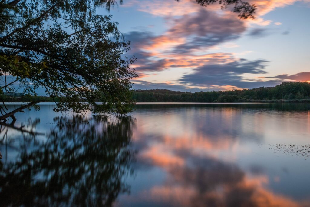 Tranquil lake at sunset with vibrant sky and tree silhouettes reflecting in calm water wallpaper background