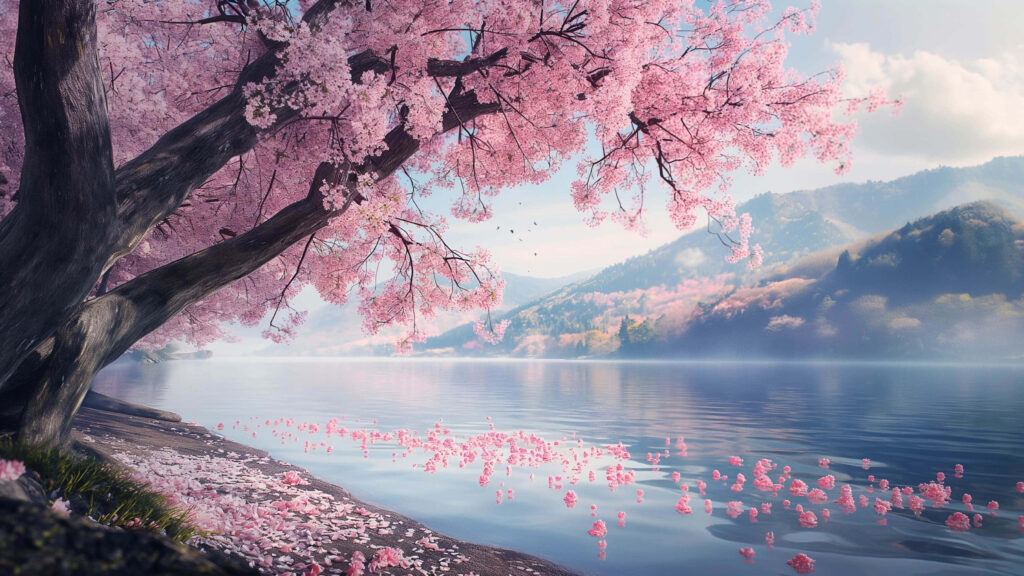 Serene 4K Lakeside Wallpaper with Blooming Cherry Blossoms