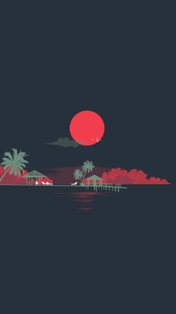 Serene Minimalist Lakeside Wallpaper with Red Sun - 4K Background