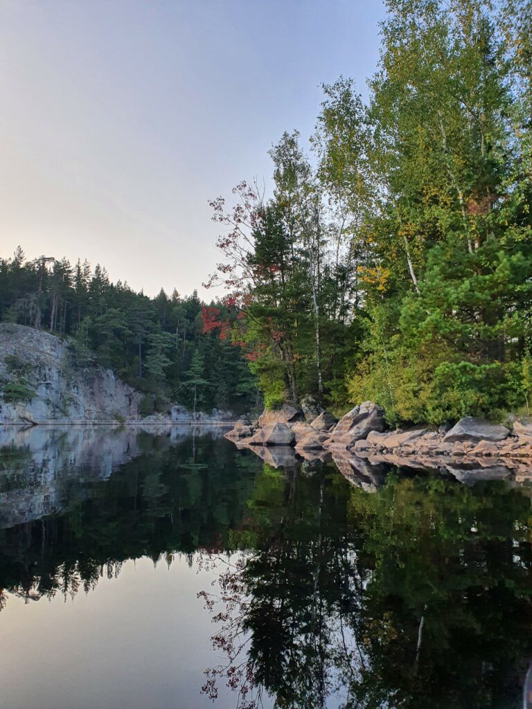 Tranquil lakeside with lush green trees and rocky coast reflecting calm water in cool tones wallpaper