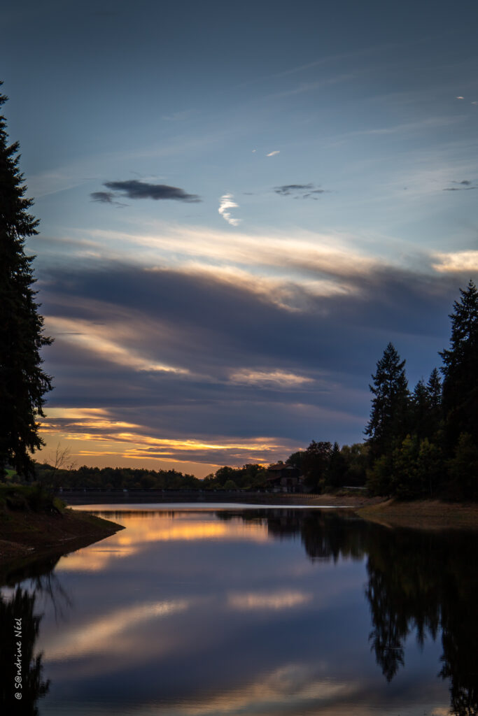 Tranquil lakeside at dusk with tall trees reflecting calm water and soft colorful clouds Wallpaper