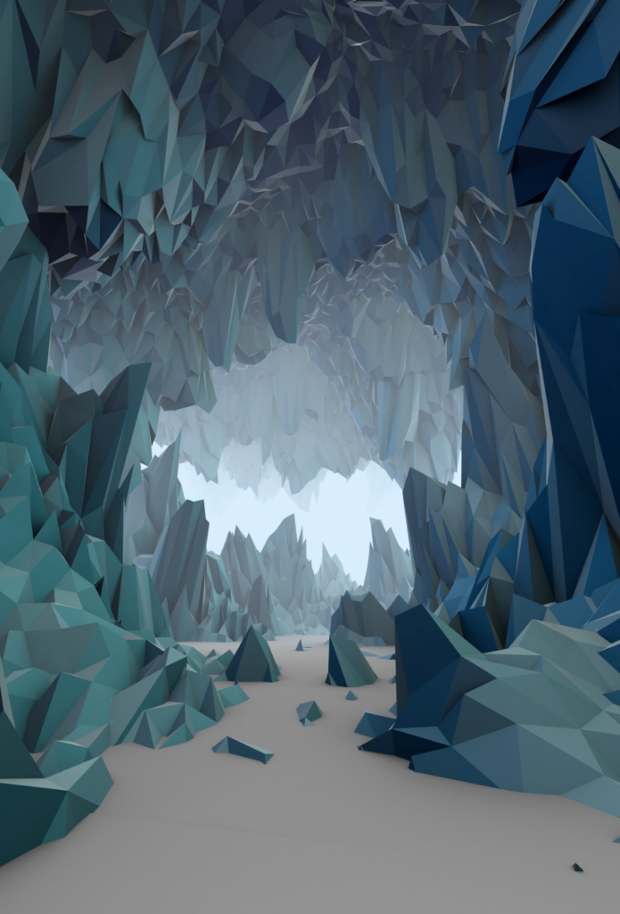Serene Low-Poly Landscape Wallpaper: Abstract Cavern with Geometric Mountains