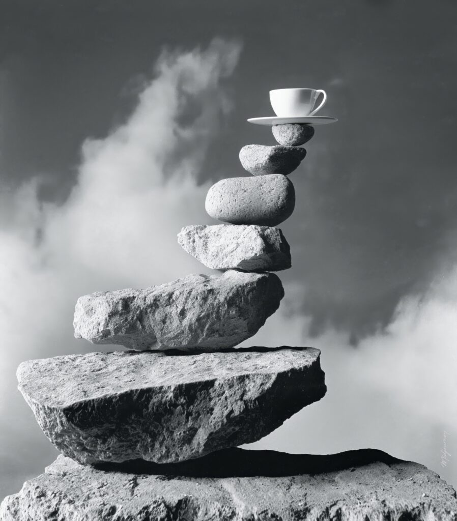Tranquil Monochromatic Wallpaper: Balanced Stones & Cup Background