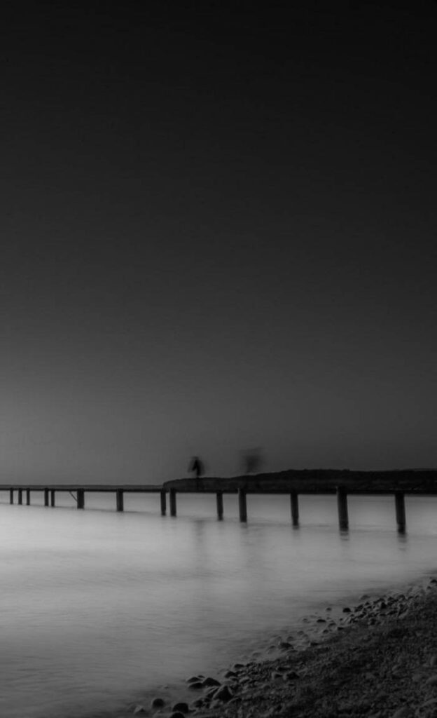 Tranquil Monochrome Beach Wallpaper with Pier - Serene Background