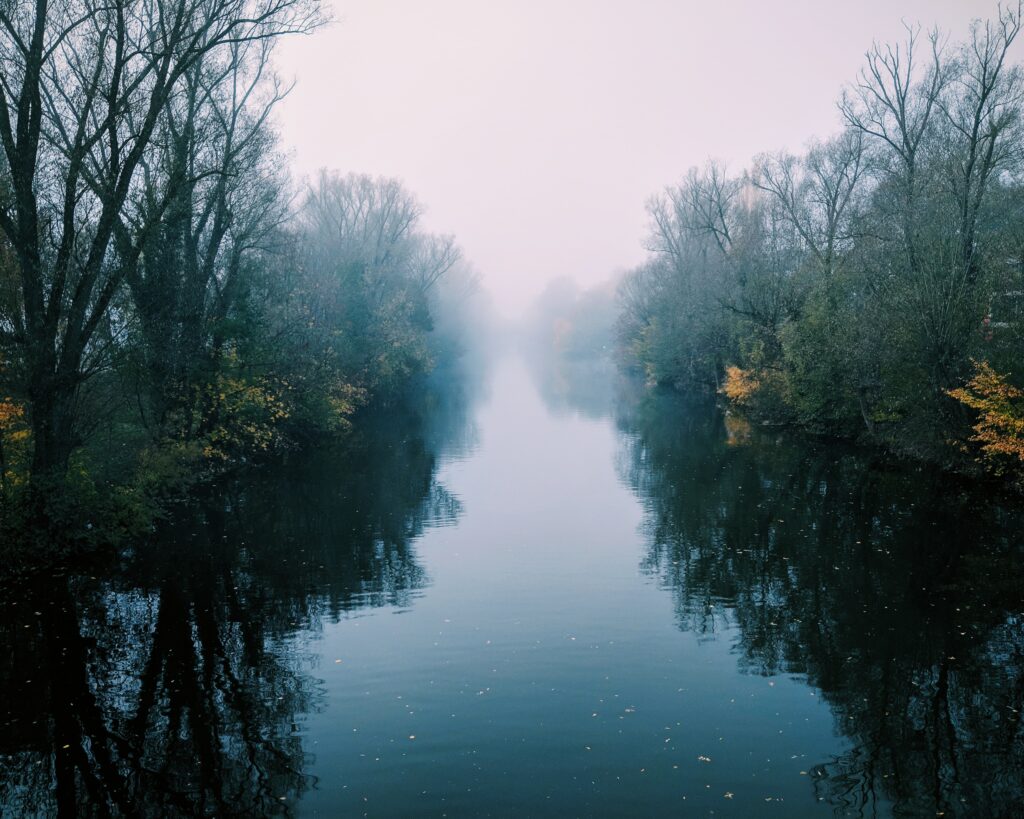 Serene river winding through foggy autumn forest with mirror-like reflections and muted tones Wallpaper
