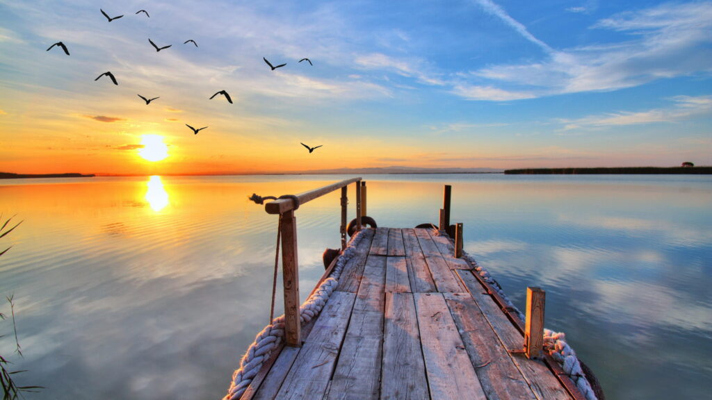 A Serene Morning on the Horizon: Captivating Water, Sky, and Pier - 4K Wallpaper Background Illuminates the Calmness of a Sunrise over a Tranquil Lake, Embracing the Beauty of Birds