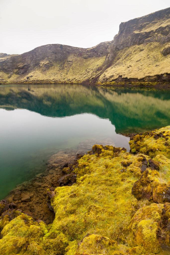 Tranquil mountain landscape wallpaper with clear lake reflecting mossy rocky shores in earth tones