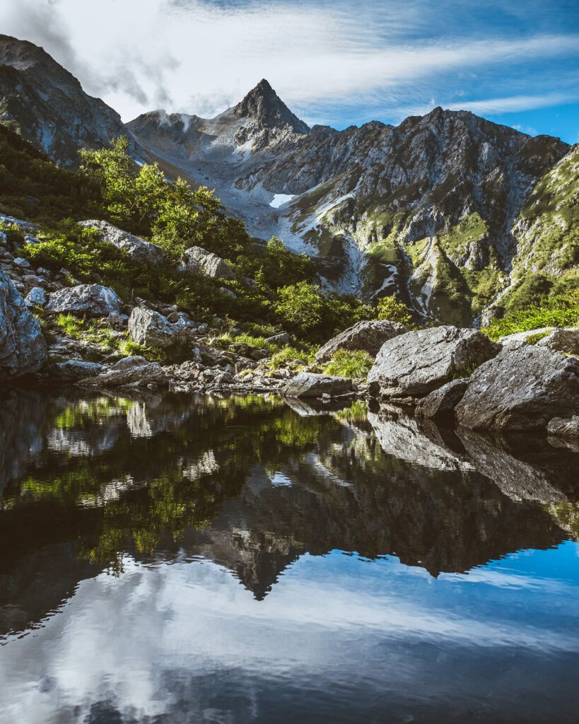 Tranquil mountain lake reflecting rugged peaks lush greenery and clear blue sky landscape wallpaper