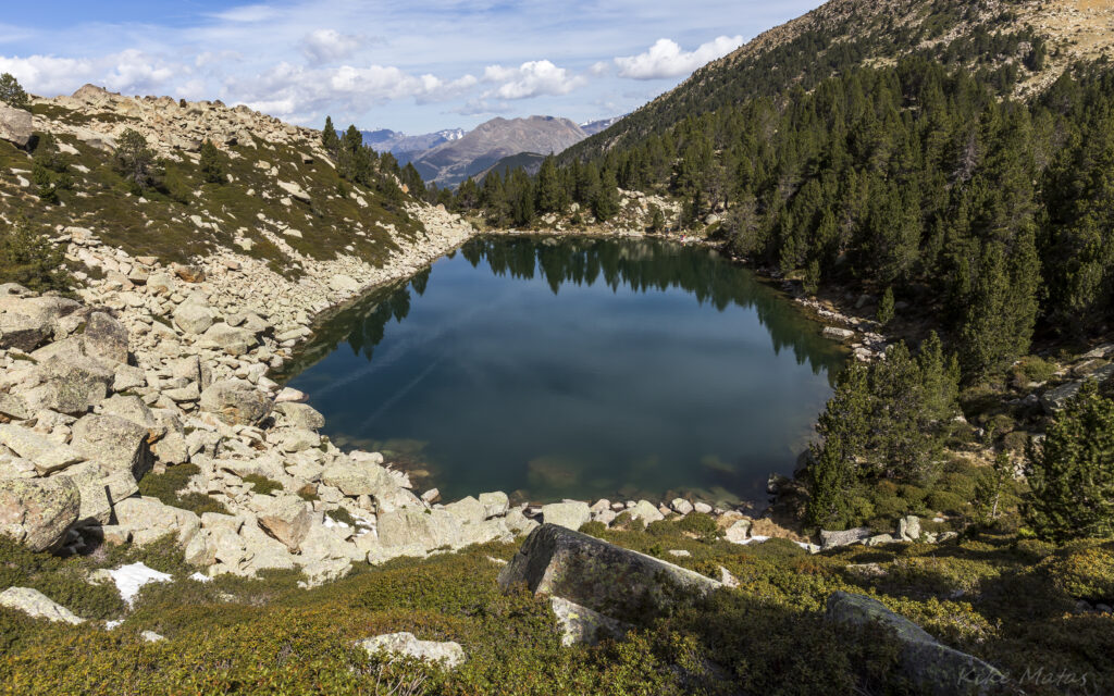Tranquil pond with rugged stones lush green trees and mountains under vibrant blue sky wallpaper