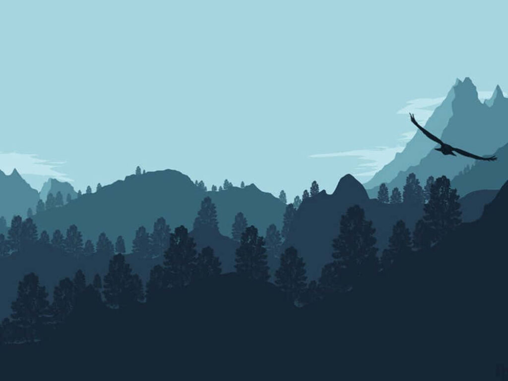 Tranquil Blue Mountain Wallpaper with Silhouetted Trees & Bird