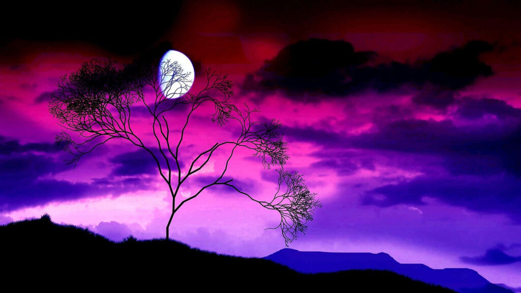 Tranquil Night Wallpaper: Glowing Moon, Silhouetted Tree & Colorful Sky
