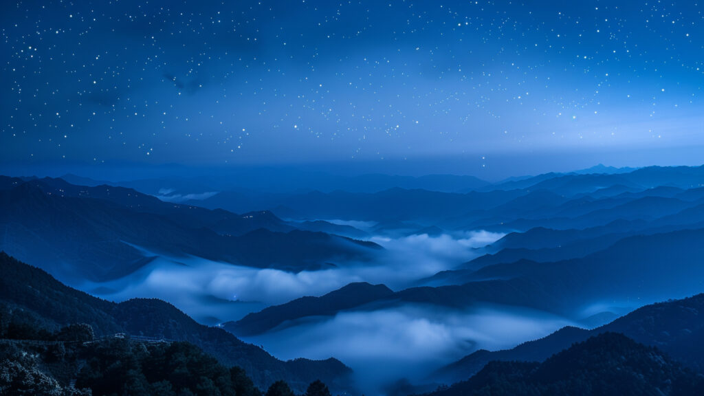 Tranquil Nighttime Mountain Landscape Under Starry Sky Wallpaper in Deep Blue Tones in UHD 5K 5760x3240 Resolution