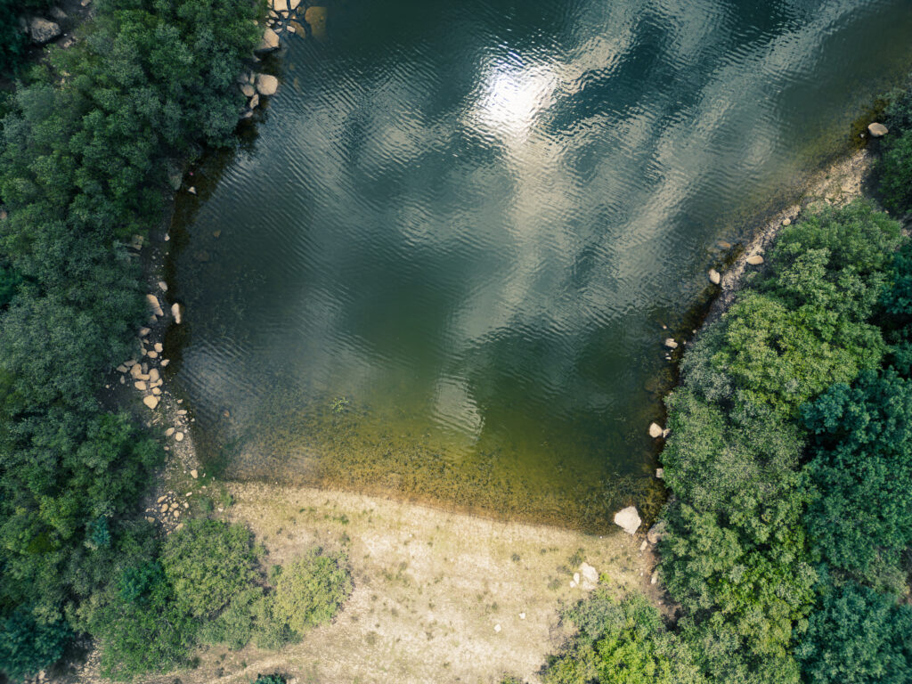 Aerial view of a tranquil pond with green trees rocks and sunlit sky reflection nature wallpaper