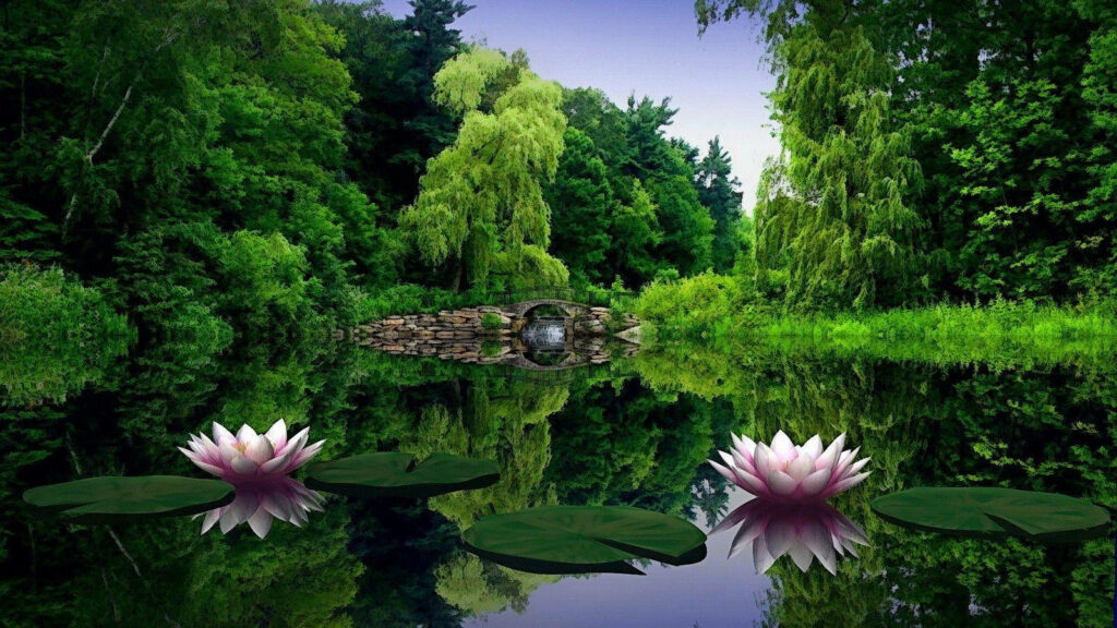 Tranquil Pond Wallpaper with Water Lilies and Lush Greenery