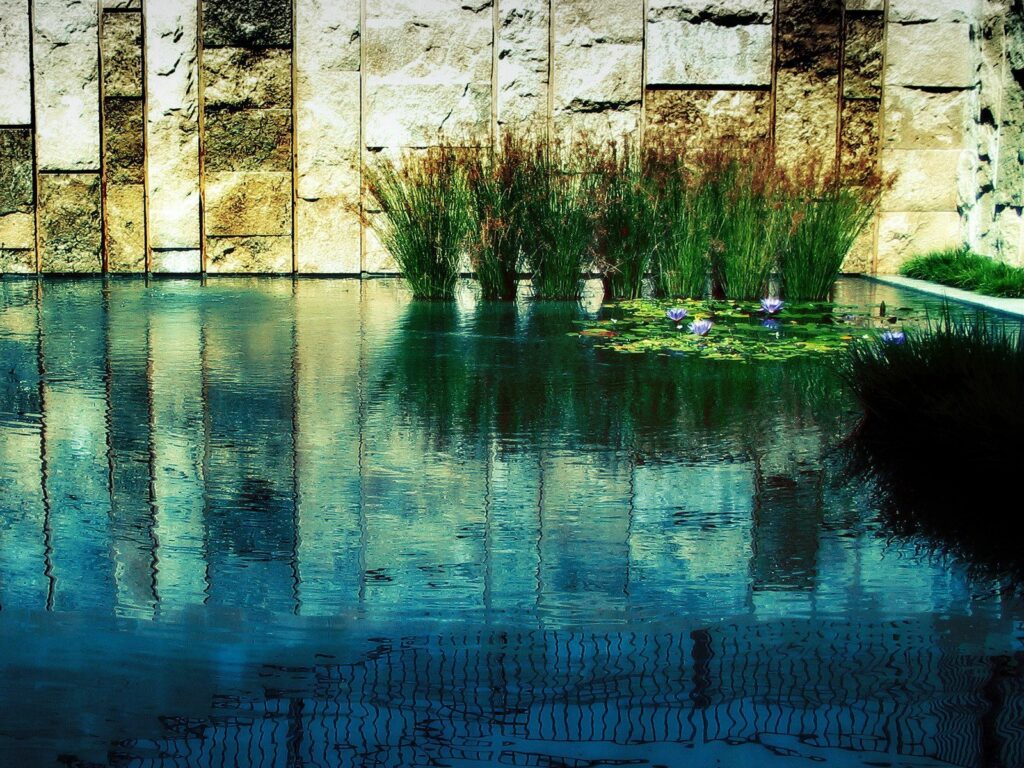 Beige stone walls reflect in a tranquil pool with green reeds and smooth stones along edge Wallpaper