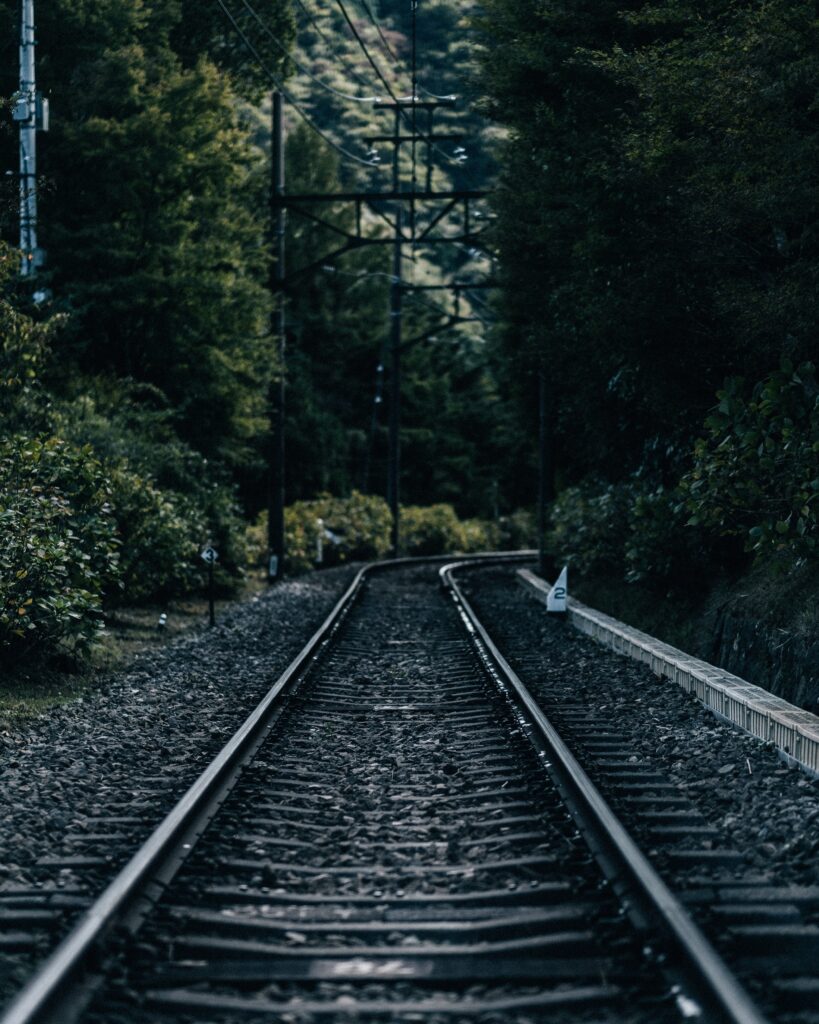 Serene railway track through dense green trees under soft natural light calm nature journey wallpaper