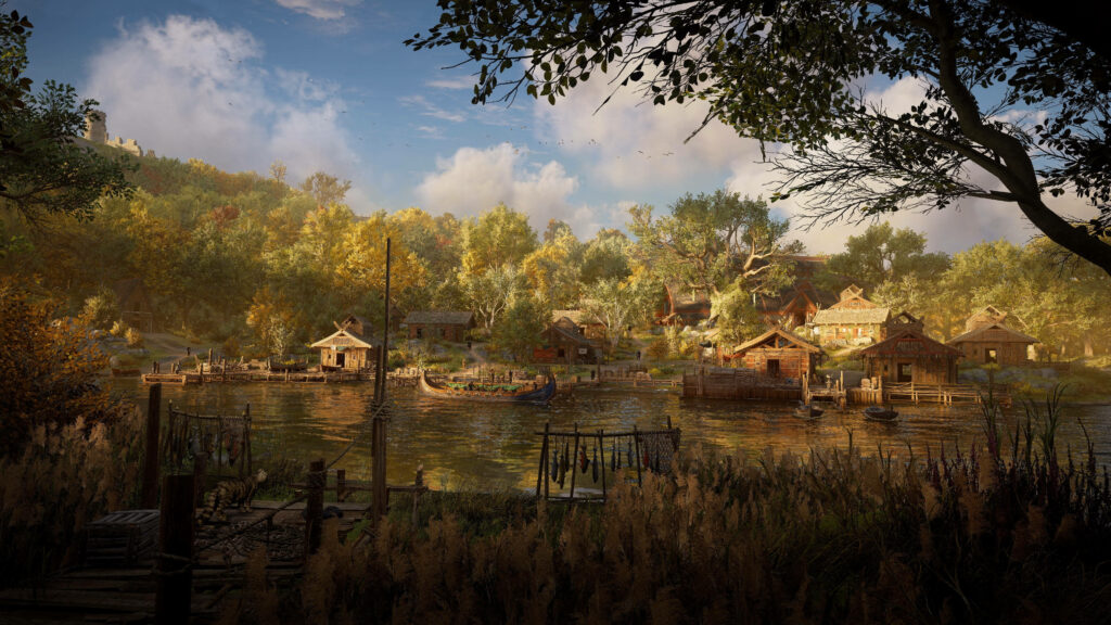 Majestic Canopies Grace the Tranquil Waters of Assassin's Creed Valhalla's Scenic Landscape. Wallpaper